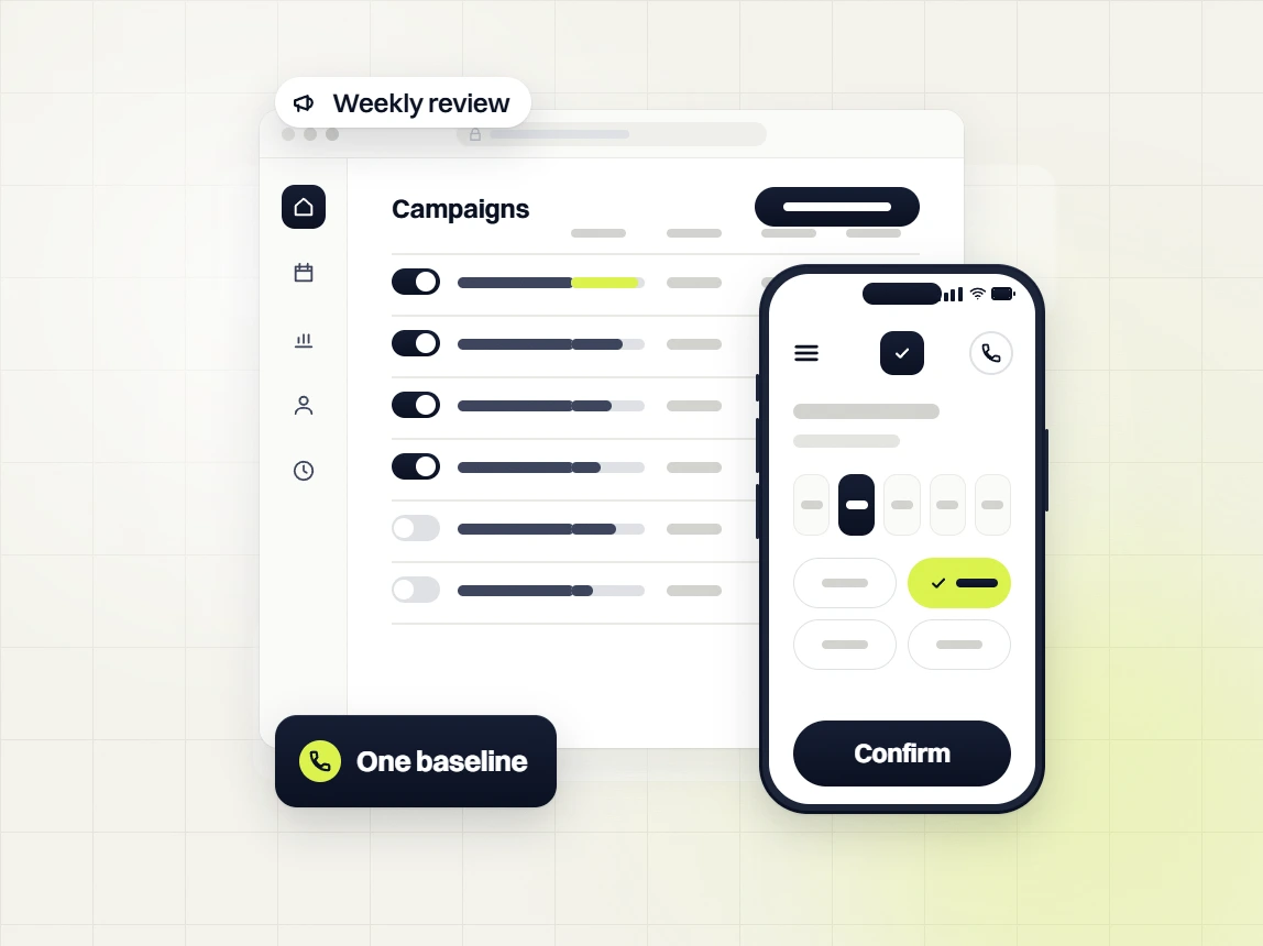 Optometrist PPC services campaigns table in a weekly review with a phone booking screen, one baseline