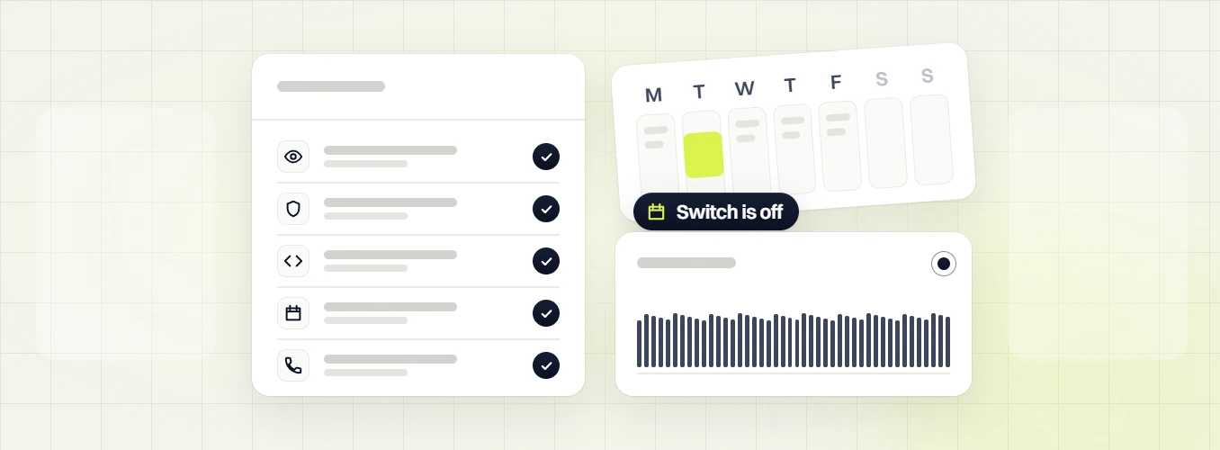 Optometrist PPC services checklist, weekly calendar and uptime bars, labeled switch is off