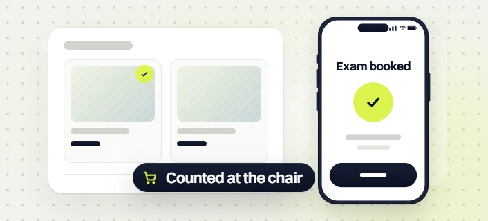 Optometrist SEO services product cards beside a phone Exam booked screen, counted at the chair