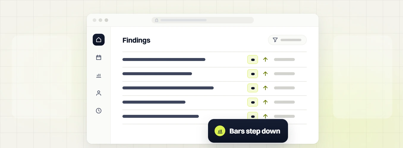 Optometrist SEO services Findings table with five rows and upward arrows, bars step down