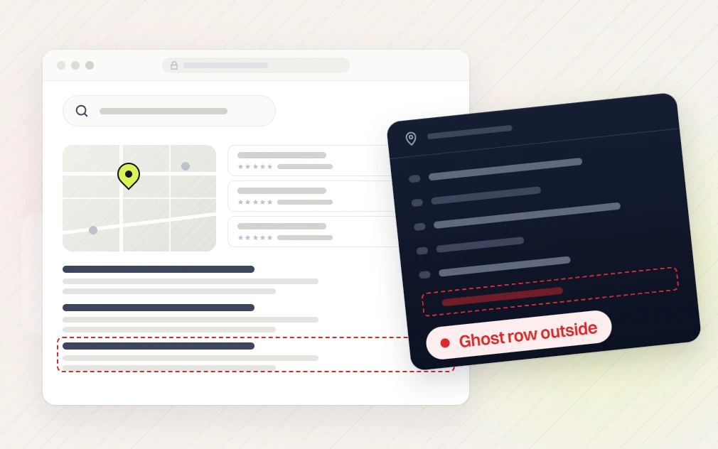Optometrist SEO services search page with a dashed result and a location panel flagging a ghost row outside