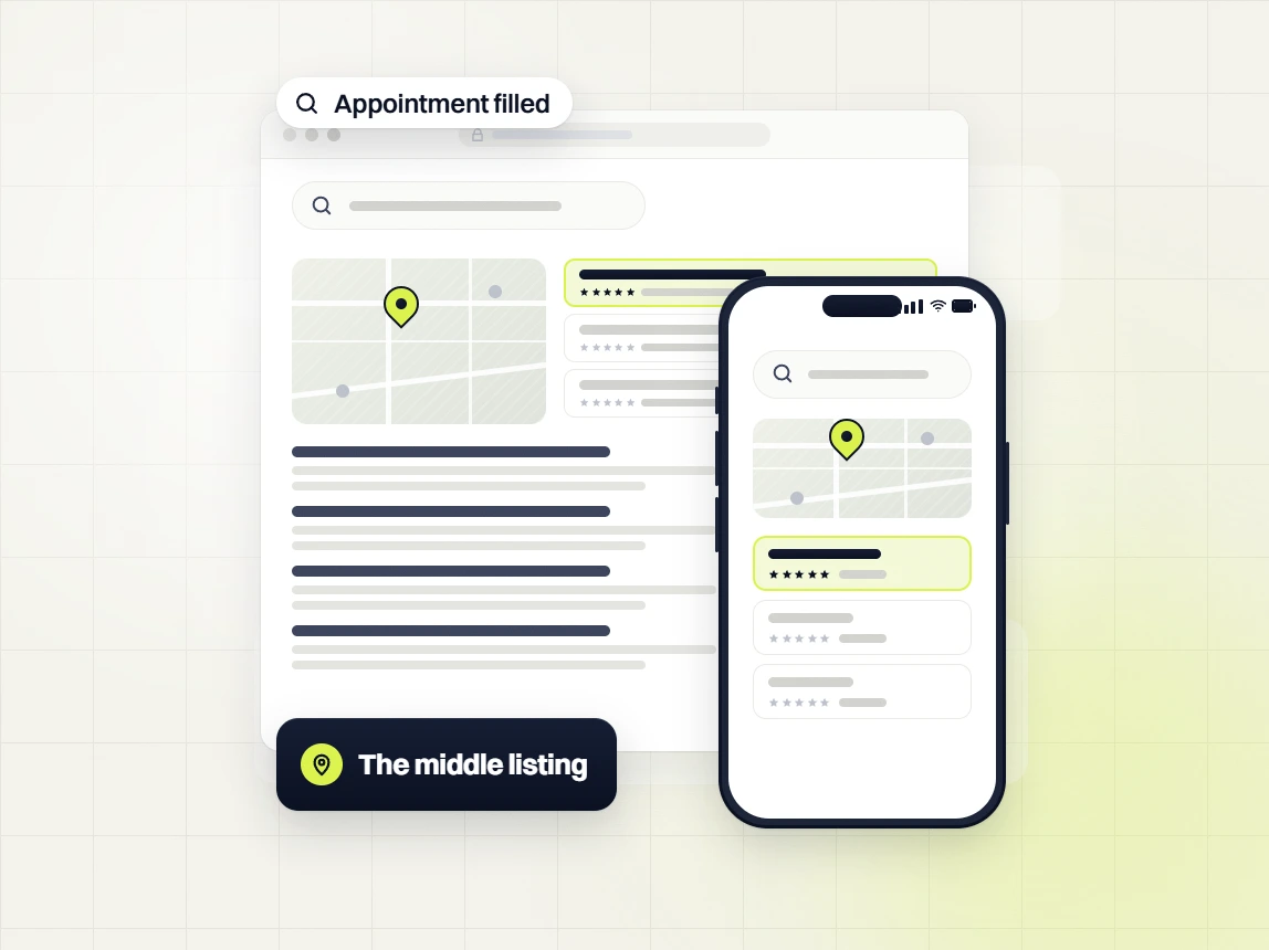 Optometrist SEO services map search on desktop and phone with the middle listing and an appointment filled