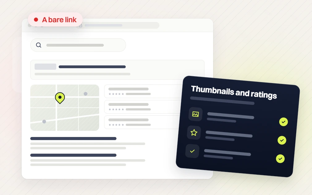 Optometrist SEO services search page flagged a bare link beside a thumbnails and ratings card of three checks