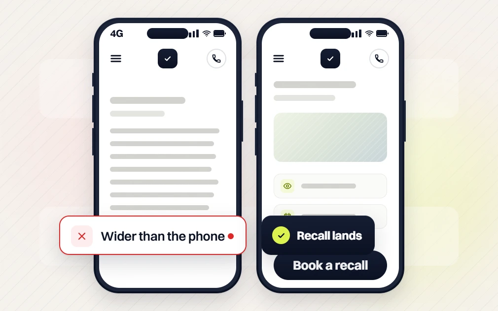 Optometrist web design phones comparing a page wider than the phone with a Book a recall page, recall lands