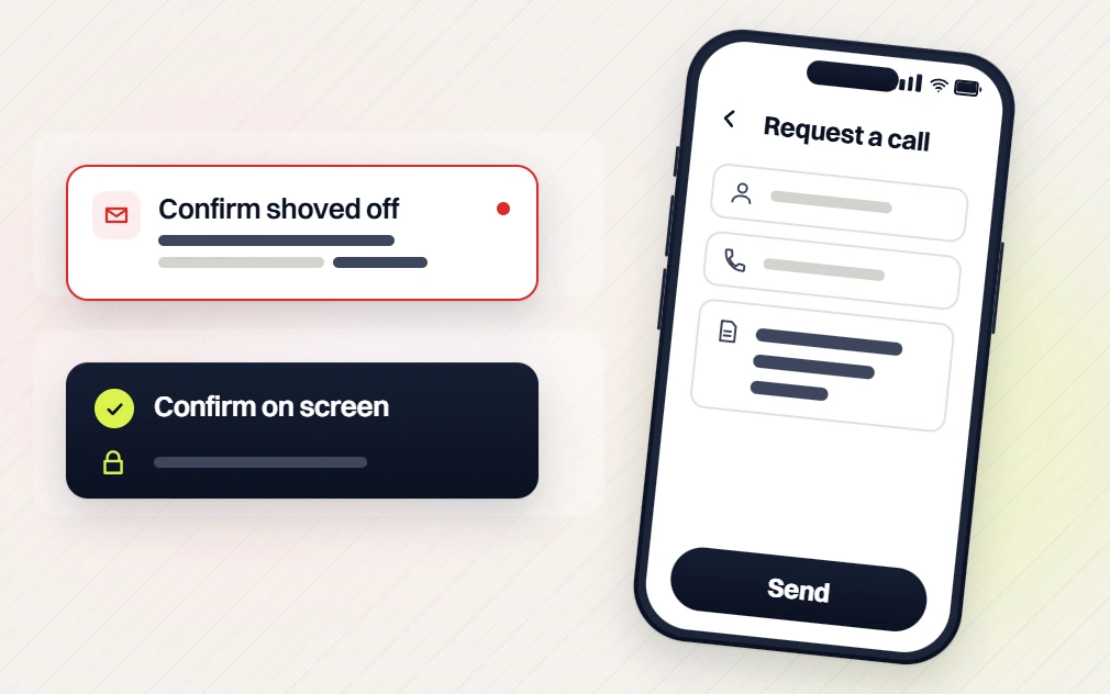 Optometrist web design Request a call form on a phone, confirm shoved off flagged and confirm on screen checked
