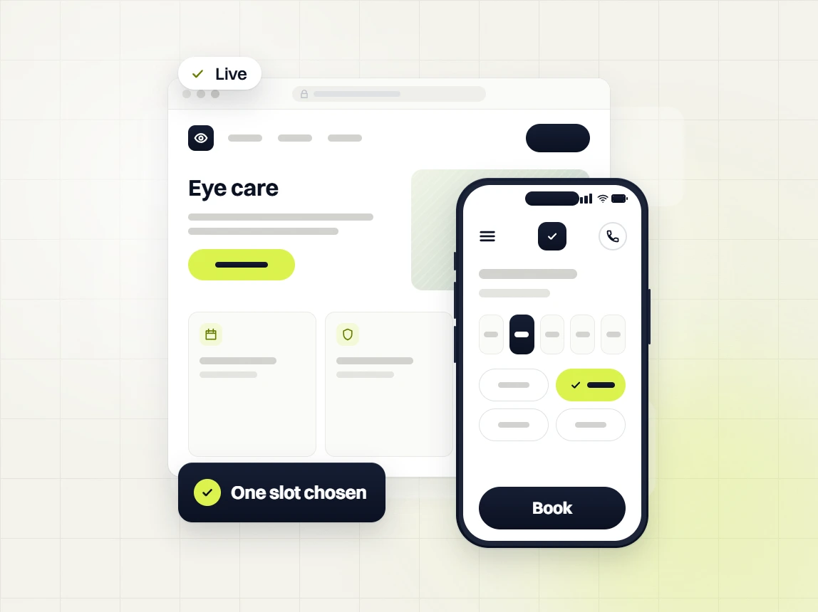 Optometrist web design Eye care page marked live beside a phone with a time picked and a Book button