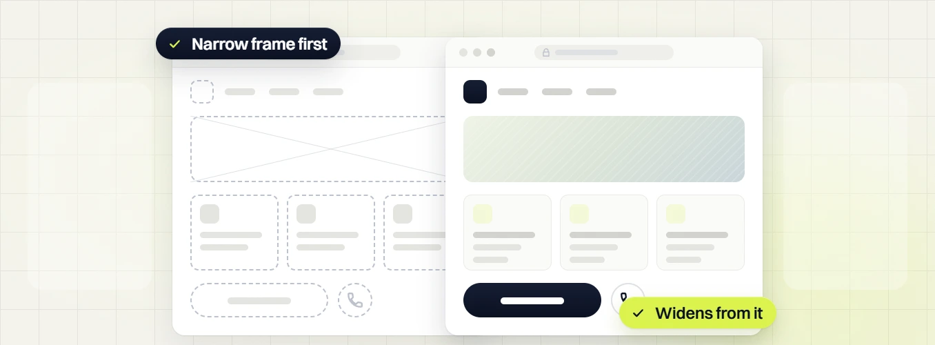 Optometrist web design dashed wireframe beside the finished page, narrow frame first, widens from it