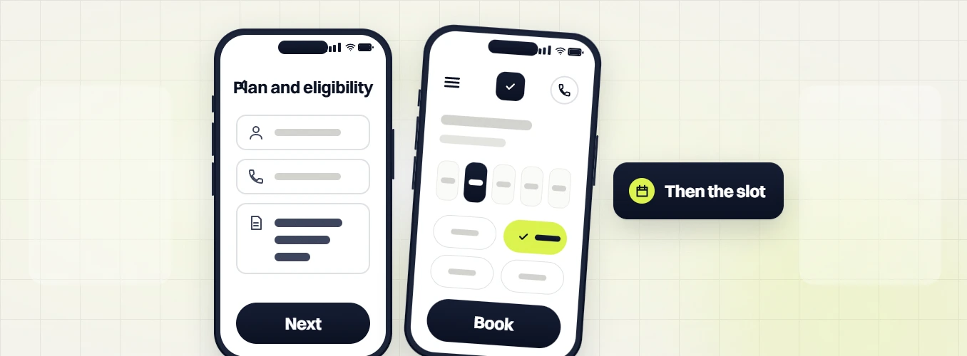 Optometrist web design phone Plan and eligibility form with Next beside a phone time picker, then the slot