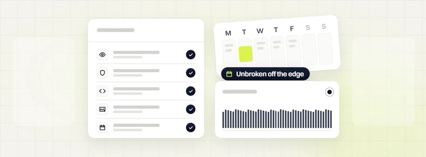 Optometrist web design five checked items beside a weekly calendar and uptime bars, unbroken off the edge