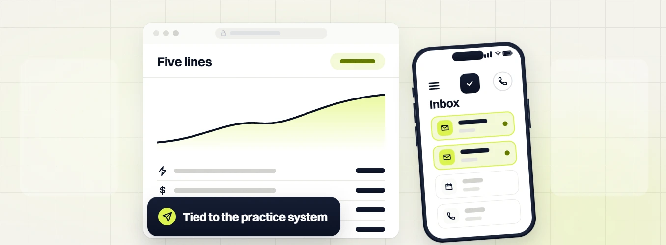 Optometrist website maintenance five lines chart beside a phone inbox, tied to the practice system