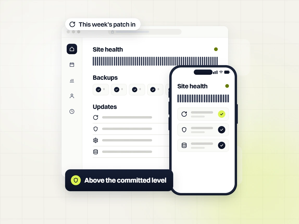 Optometrist website maintenance site health dashboard with a phone, above the committed level