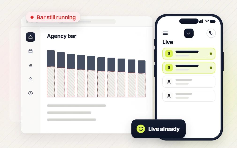 Pay monthly websites agency bar chart still running beside a phone Live list, labeled live already