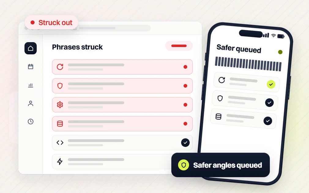 Pet product marketing agency phrases struck list with four red rows beside a phone, safer angles queued