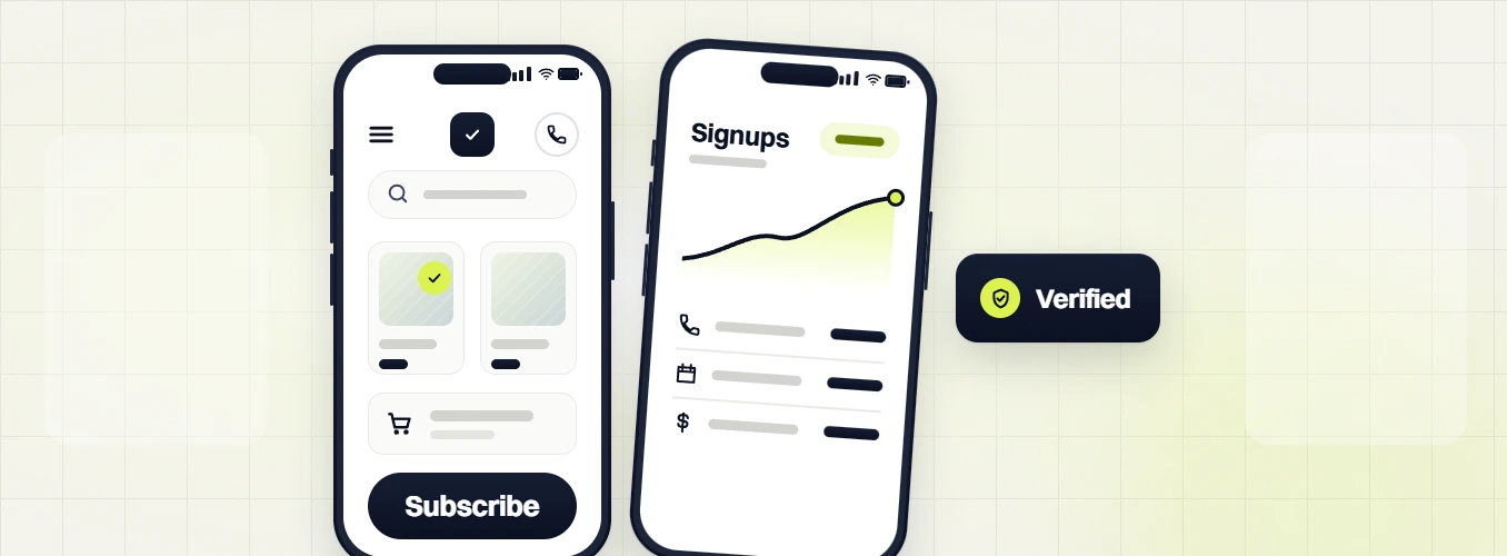 Pet products marketing retainer Subscribe screen and signups chart on phones, labeled verified