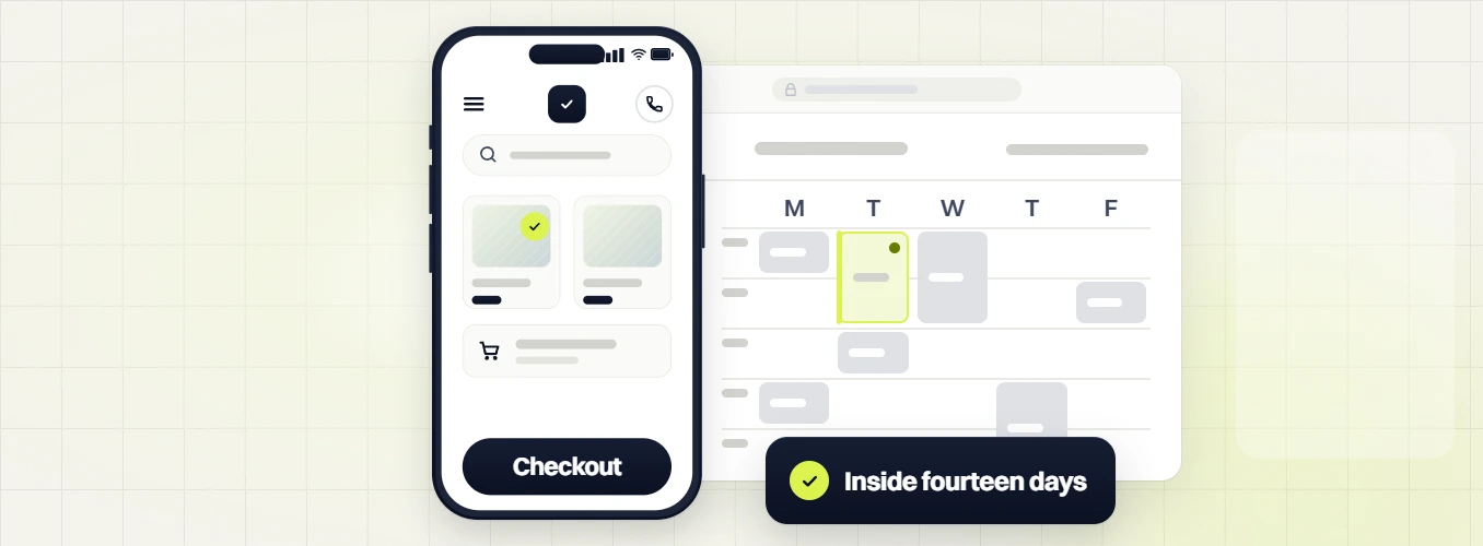 Pet products PPC phone Checkout screen beside a weekly calendar entry, labeled inside fourteen days