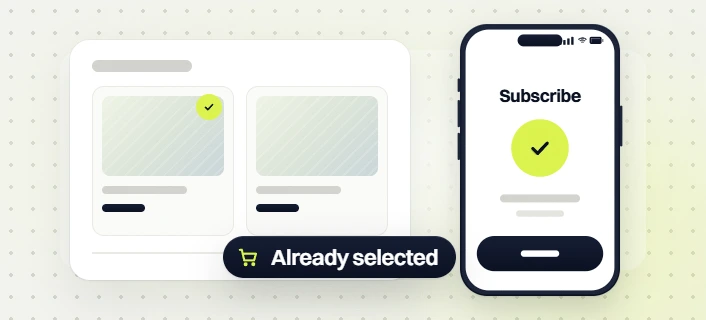Pet products PPC product cards with one checked beside a phone Subscribe screen, already selected