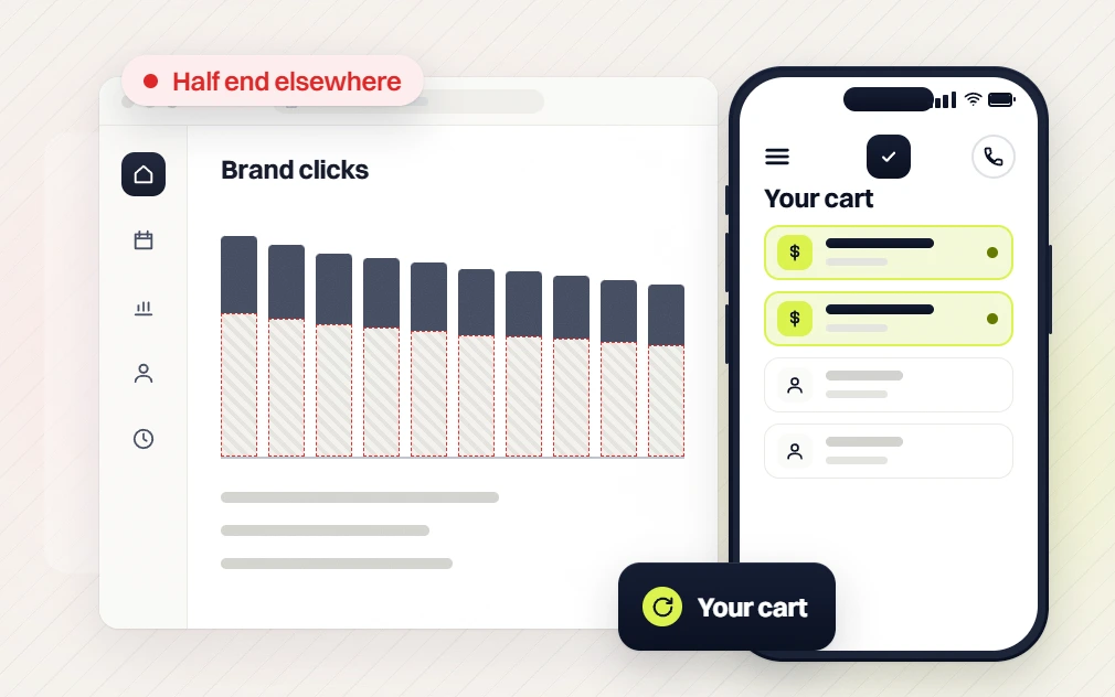 Pet products SEO services brand clicks chart where half end elsewhere beside a phone Your cart list