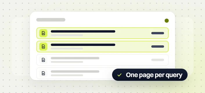 Pet products SEO services page list with two highlighted rows, labeled one page per query