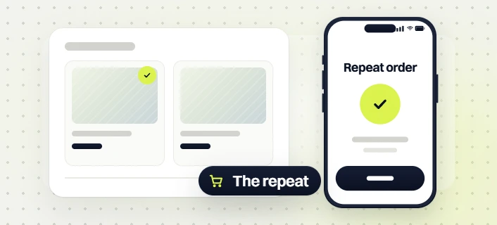 Pet products SEO services product cards beside a phone Repeat order screen, labeled the repeat