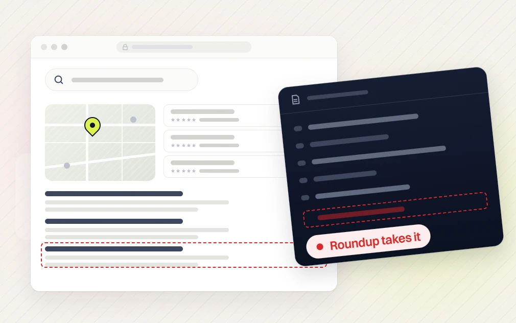 Pet products SEO services search results with a missing row beside a dark panel, roundup takes it