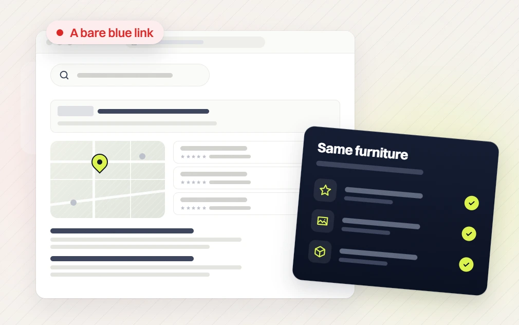Pet products SEO services search results flagged a bare blue link beside a checked same furniture card