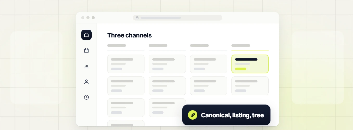 Pet products SEO services three channels board with a highlighted card, canonical, listing, tree