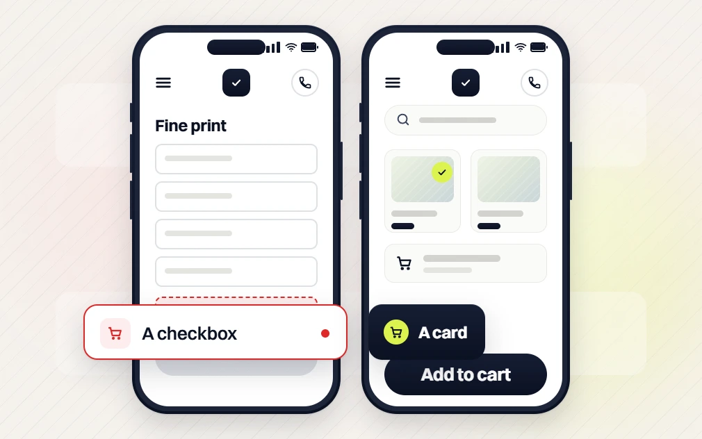 Pet products web design phones comparing a fine print checkbox with a card and an Add to cart button