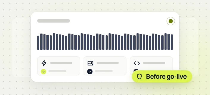 Pet products web design uptime bars with speed, image and code checks, labeled before go-live