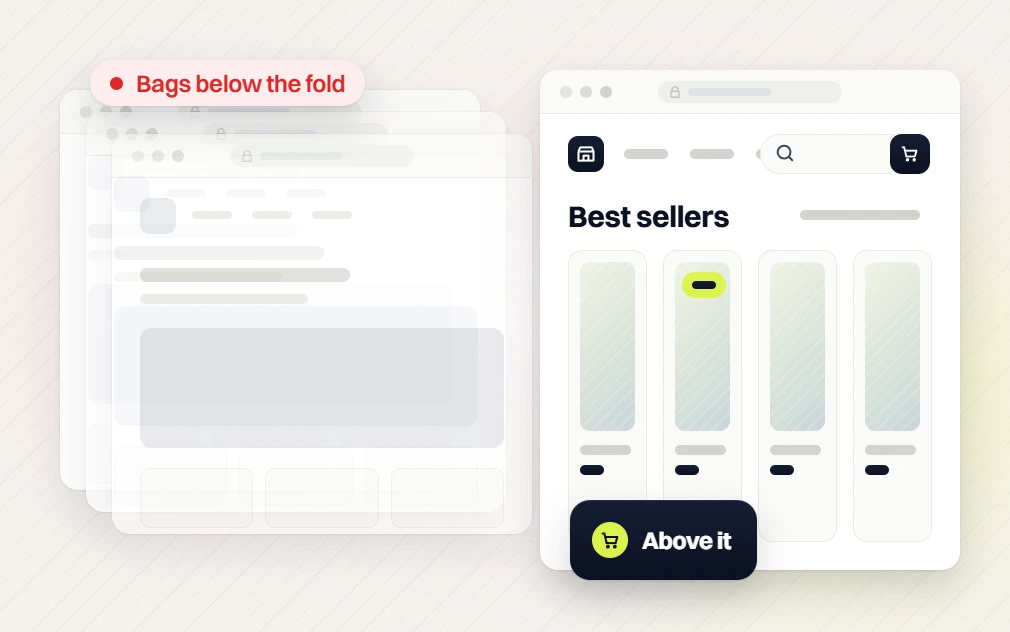 Pet products web design stacked pages with bags below the fold beside a best sellers page, above it