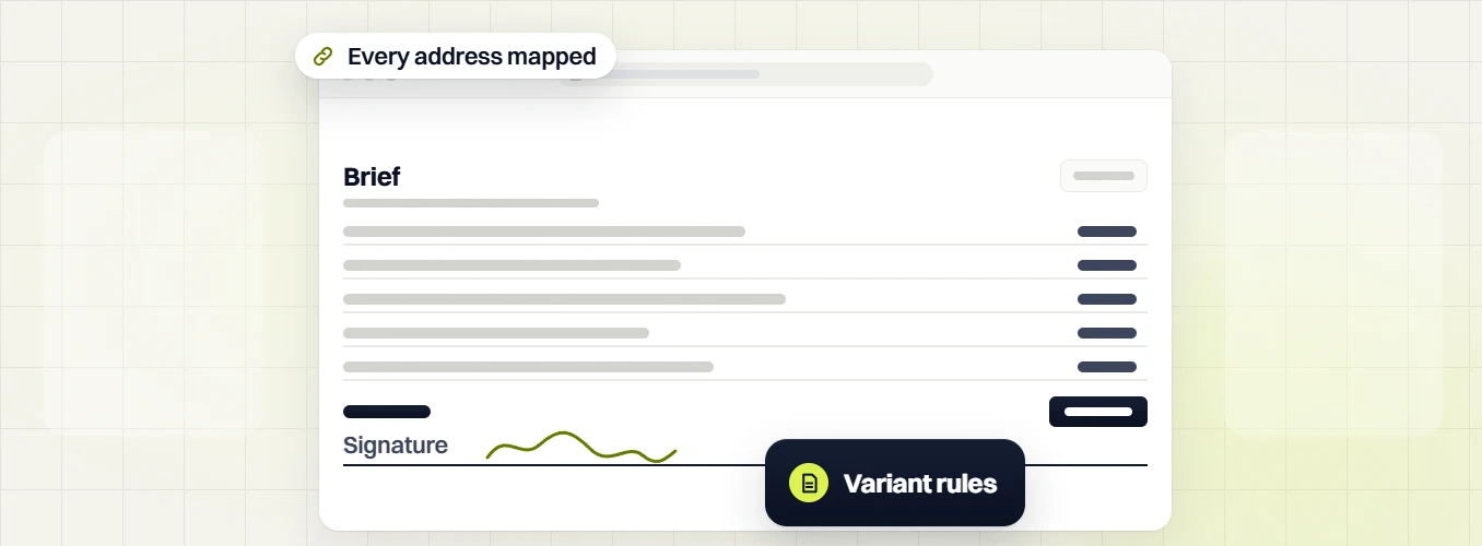 Pet products web design brief with a signature, labeled variant rules and every address mapped