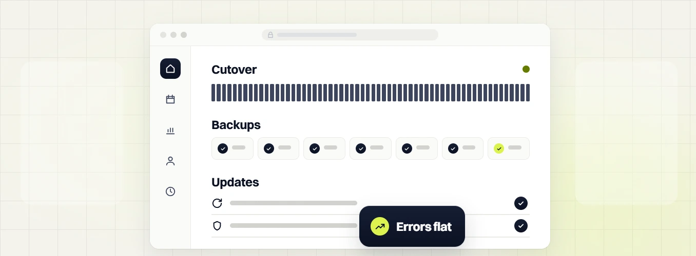 Pet products web design cutover dashboard with backups and updates, labeled errors flat
