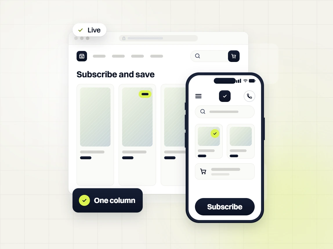 Pet products web design subscribe and save page marked live with a phone Subscribe screen, one column