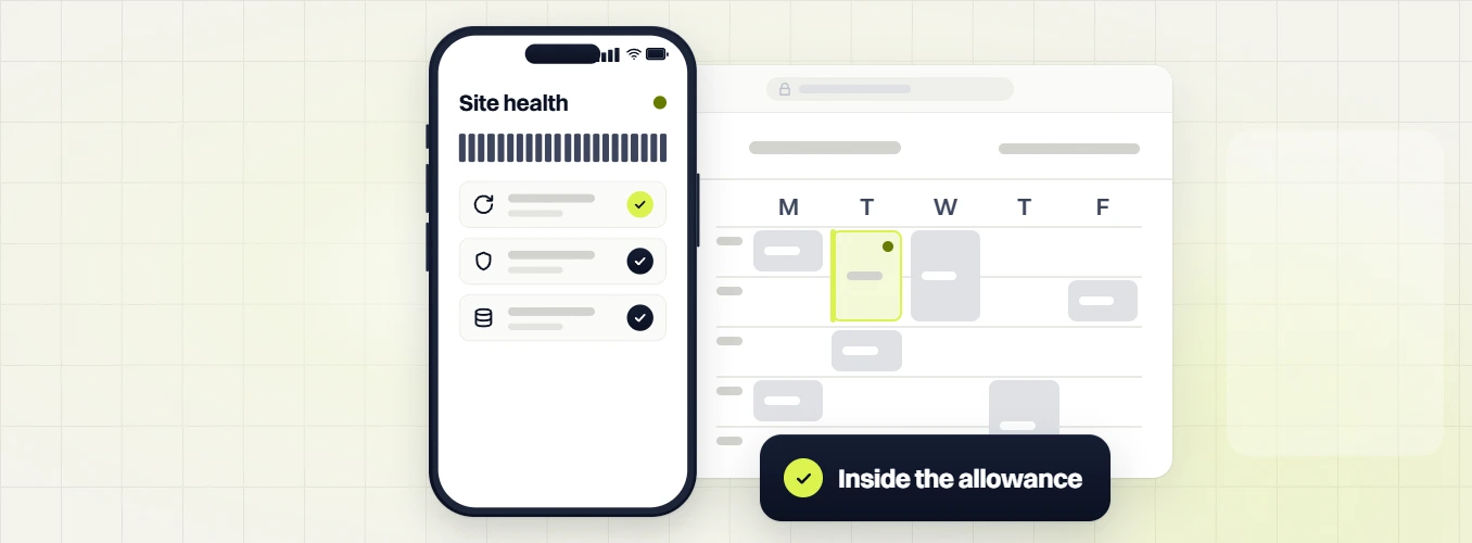 Pet products website maintenance phone Site health screen beside a weekday calendar, Inside the allowance
