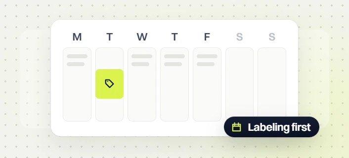 Pet products website maintenance weekly calendar with a highlighted Tuesday tag and a Labeling first badge