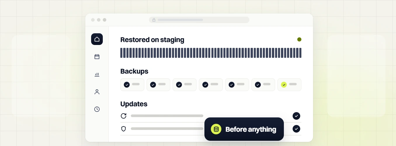 Pet products website maintenance Restored on staging dashboard with backups, updates and a Before anything badge
