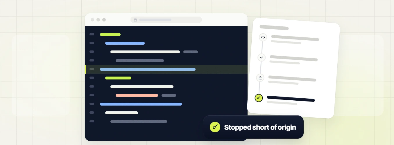 Pet products website maintenance code editor beside a step timeline and a Stopped short of origin badge