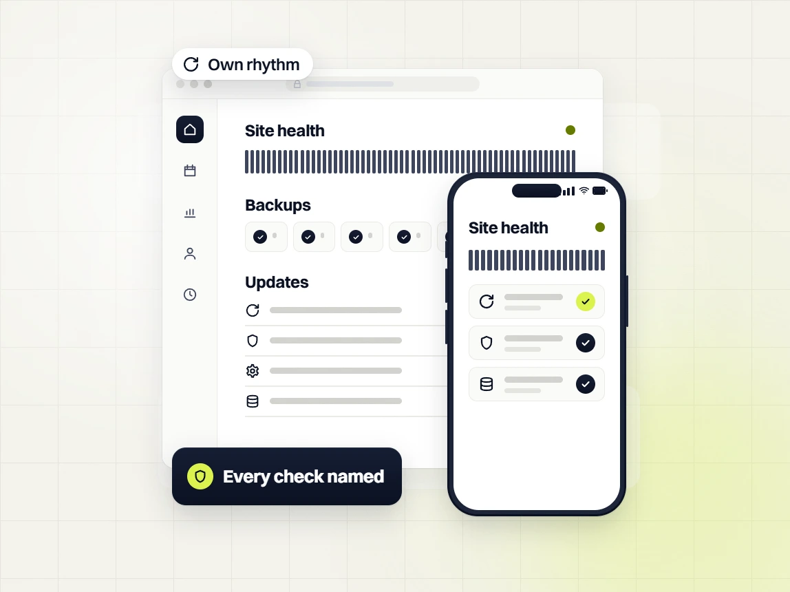 Pet products website maintenance Site health dashboard beside a phone, Own rhythm and Every check named badges