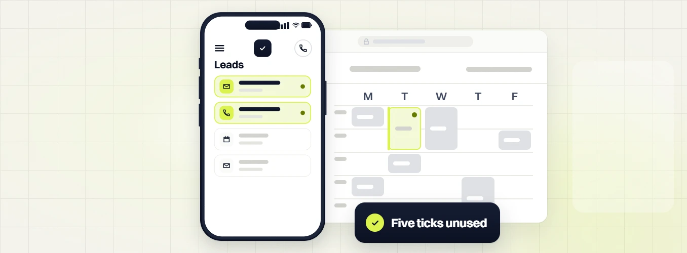 PPC management services phone Leads list beside a weekday calendar with a highlighted Tuesday slot