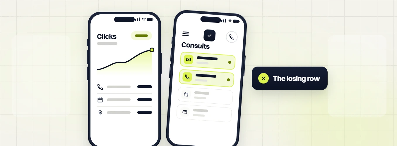 Professional services marketing retainer phone Clicks chart beside a phone Consults list and The losing row badge