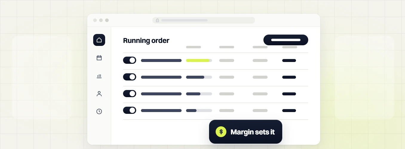 Professional services marketing retainer Running order table with toggles, a highlighted top bar and Margin sets it