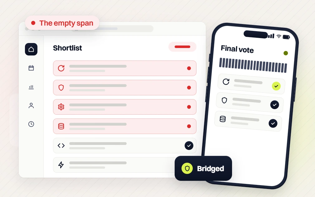 Professional services marketing retainer Shortlist flagged The empty span beside a phone Final vote, Bridged