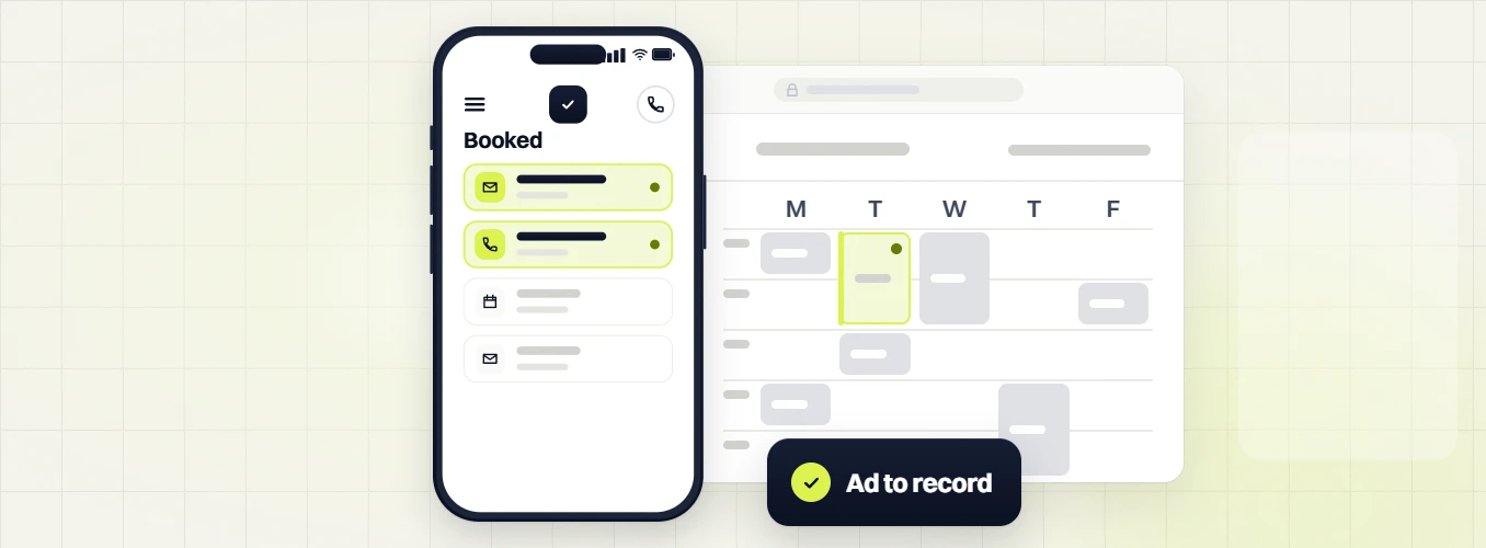 Professional services PPC phone Booked list beside a weekday calendar with a highlighted slot, Ad to record