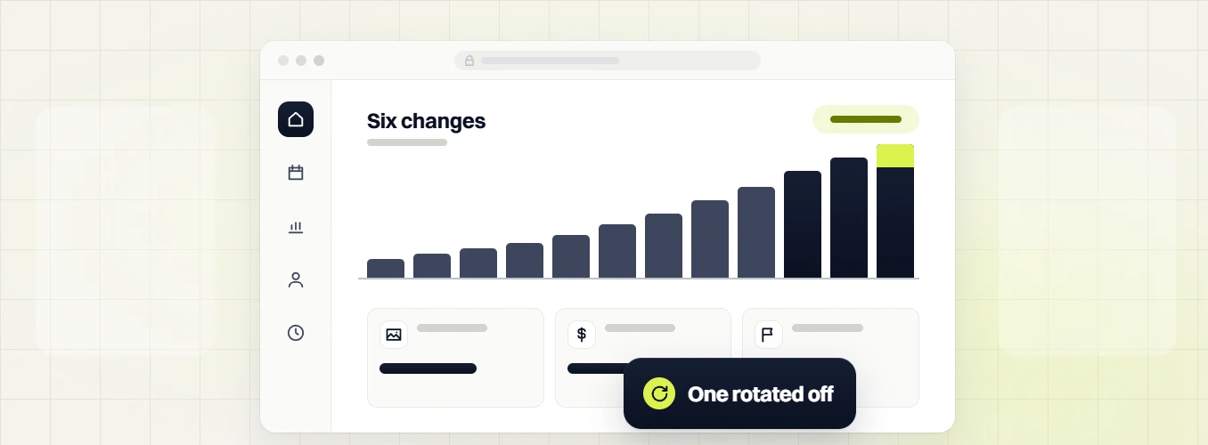 Professional services PPC Six changes bar chart with image, dollar and flag cards and a One rotated off badge