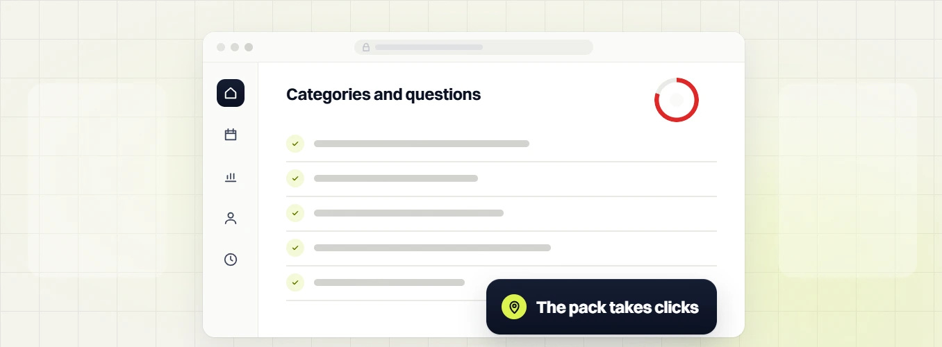 Professional services SEO services Categories and questions checklist with a red ring, Pack takes clicks