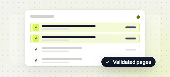 Professional services SEO services page list with two highlighted rows and a Validated pages badge