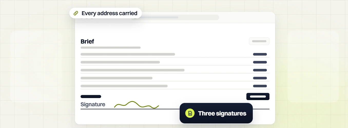 Professional services website design Brief with a signature line, Every address carried and Three signatures