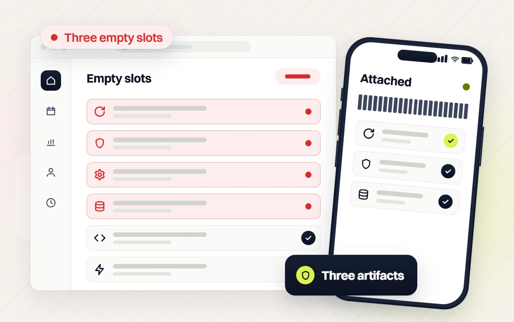 Professional services website design Empty slots list flagged Three empty slots beside a phone Attached, Three artifacts