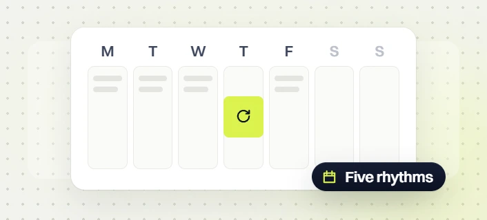 Professional services website maintenance weekly calendar with a highlighted Thursday task and Five rhythms badge