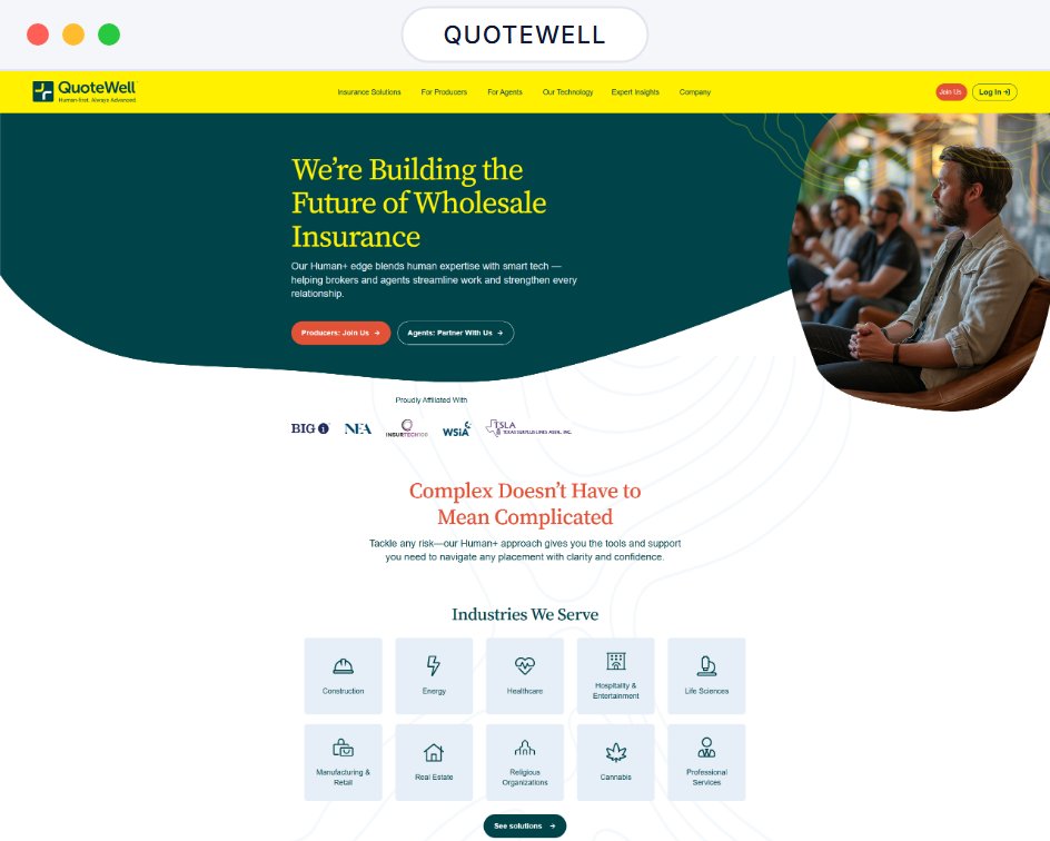 QuoteWell Insurance website homepage in a browser window, a wholesale insurance hero above the industries it serves