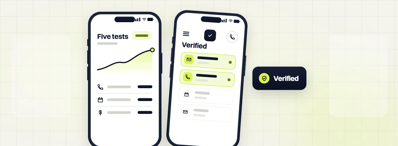 Real estate marketing retainer phone Five tests chart beside a phone Verified list and a Verified badge